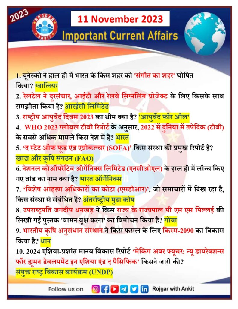 11 November Current Affairs Rojgar With Ankit 13
