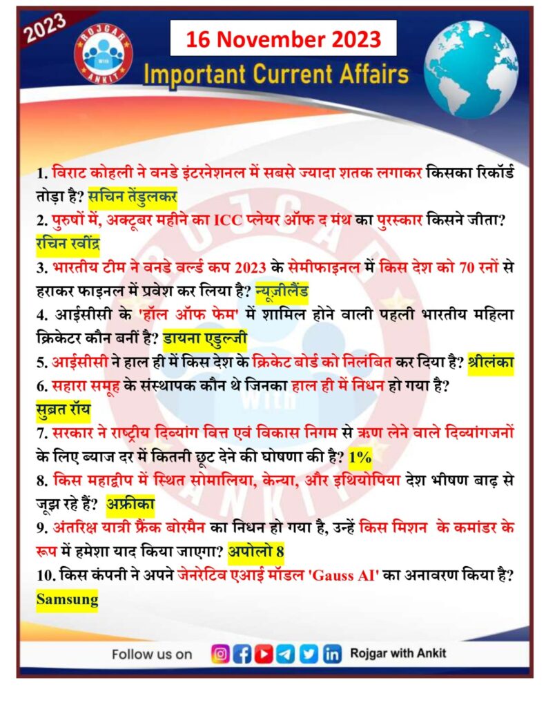 16 November Current Affairs Rojgar With Ankit 10