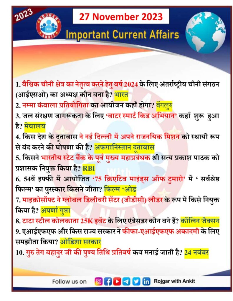 27 November Current Affairs Rojgar With Ankit 4
