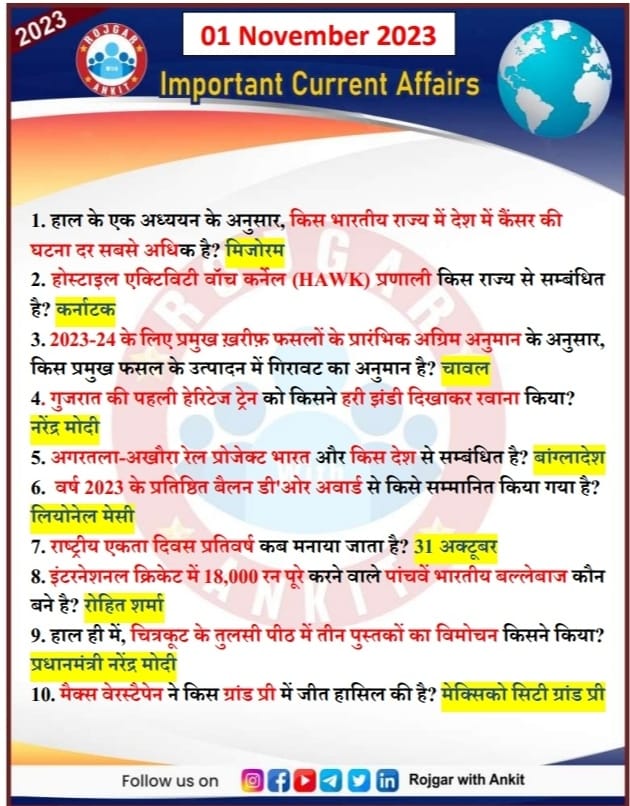 1 November Current Affairs Rojgar With Ankit 19