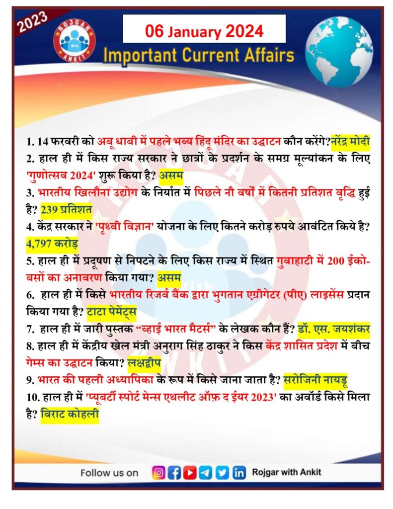 6 January Current Affairs Rojgar With Ankit 1