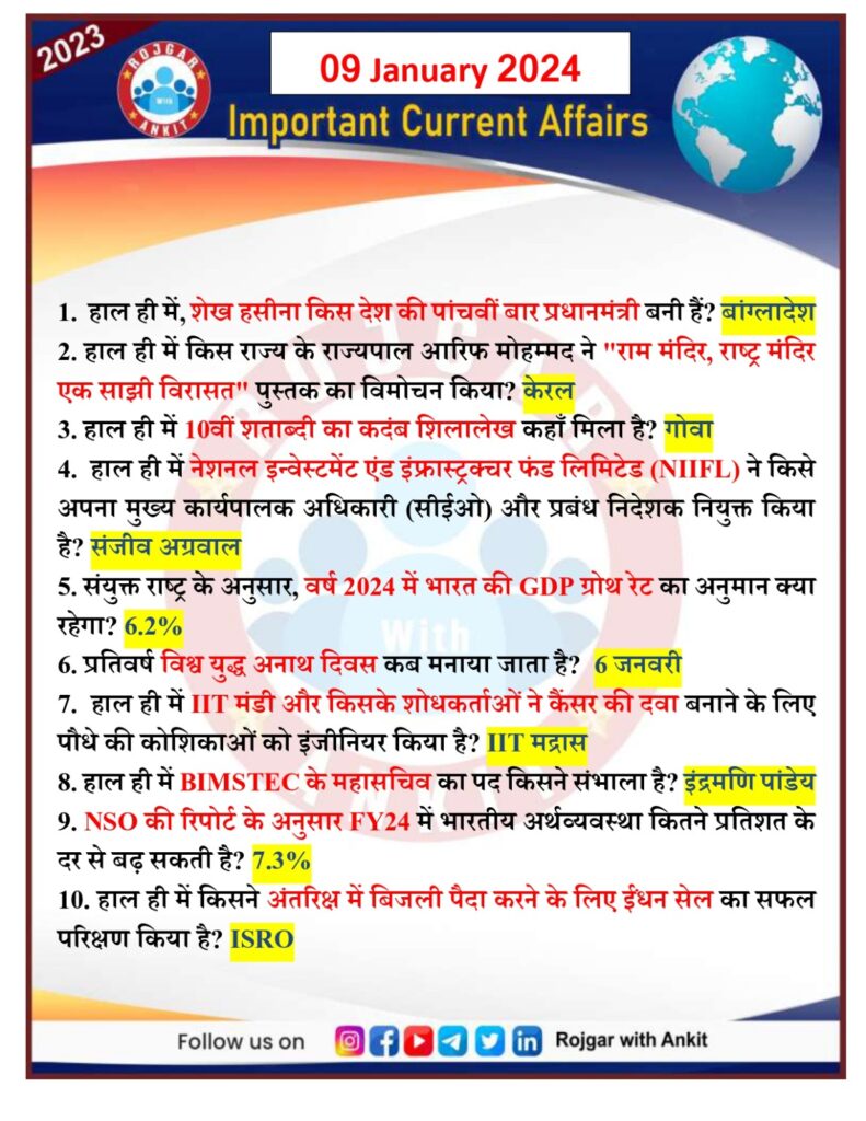 9 January Current Affairs Rojgar With Ankit 1