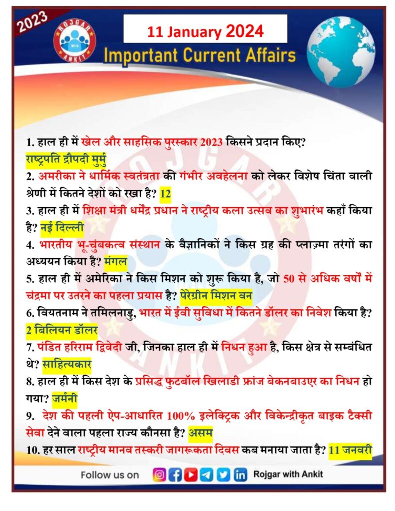 11 January Current Affairs Rojgar With Ankit 19