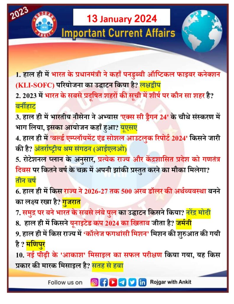 13 January Current Affairs Rojgar With Ankit 17