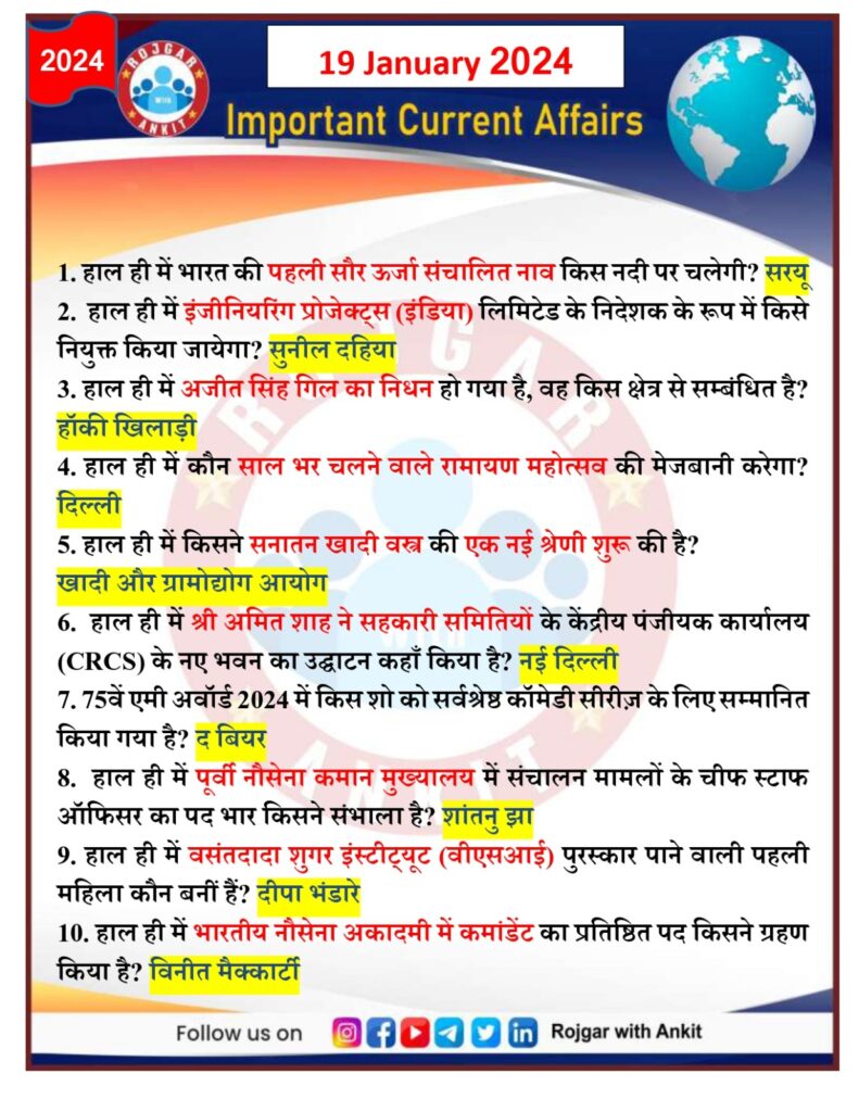 19 January Current Affairs Rojgar With Ankit 12
