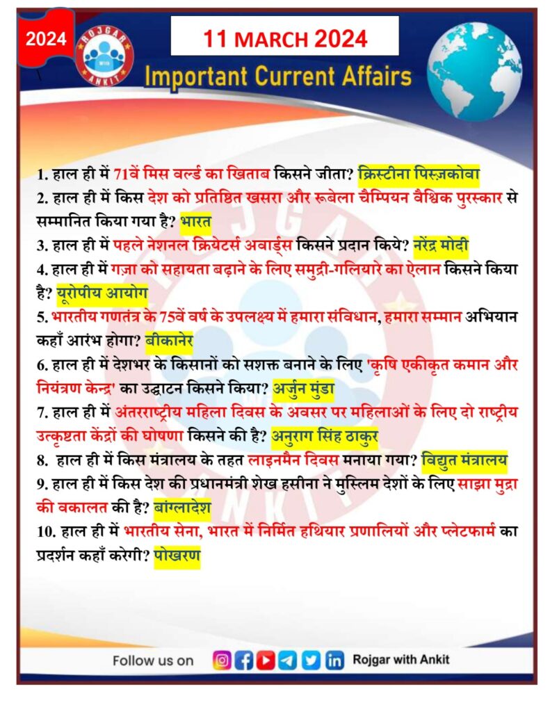11 March 2024 Current Affairs Rojgar With Ankit 1