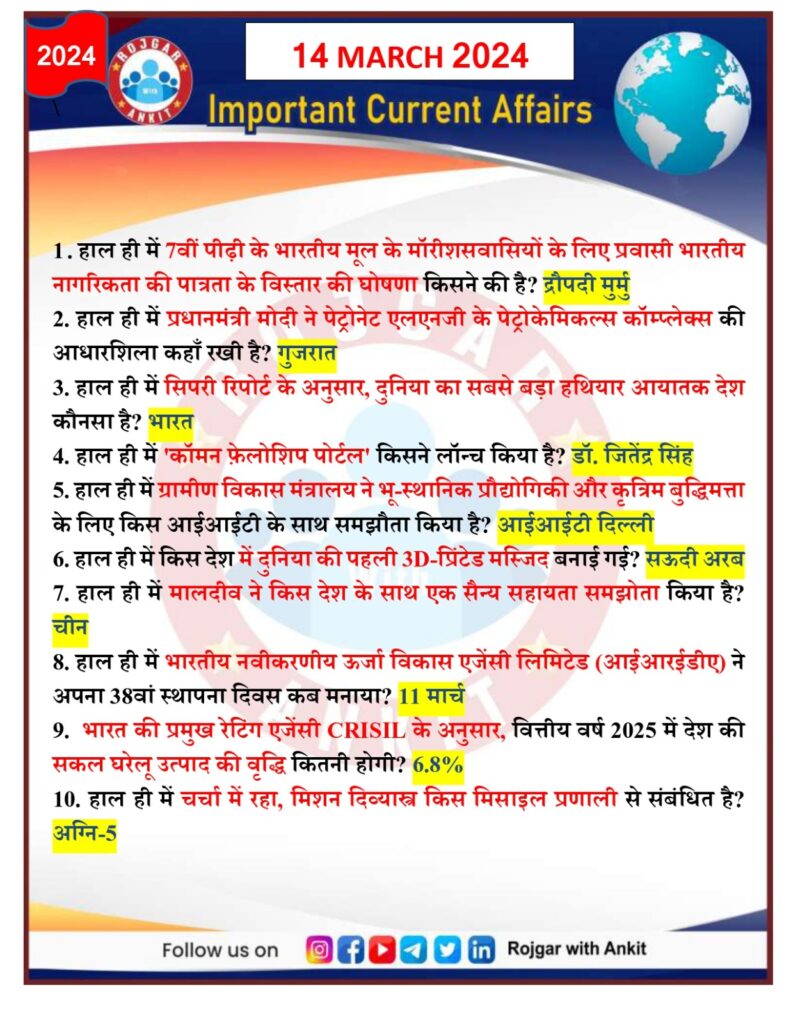 14 March 2024 Current Affairs Rojgar With Ankit 14