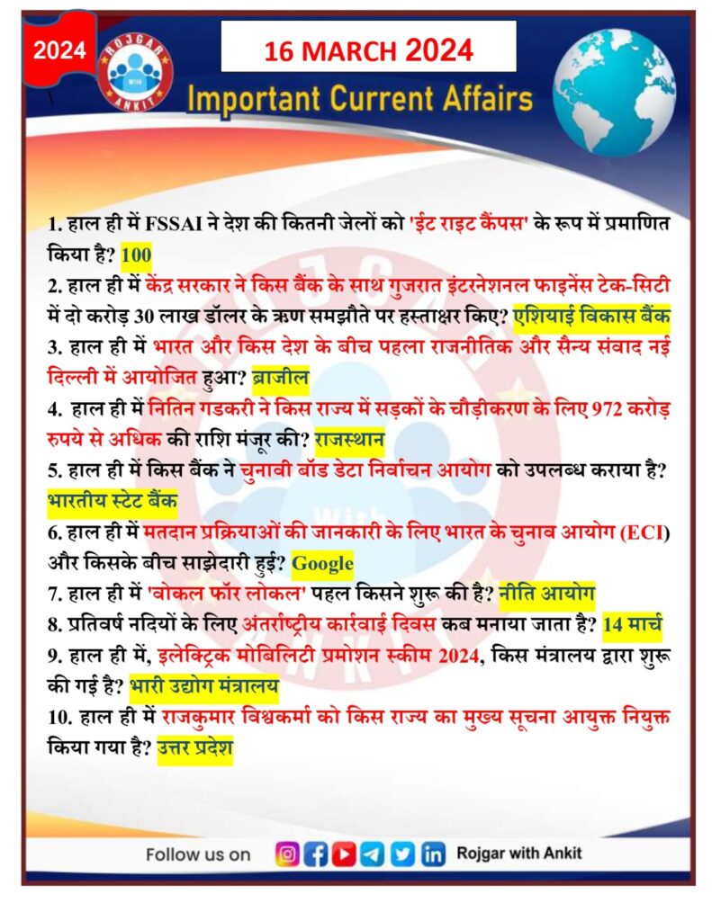 16 March 2024 Current Affairs Rojgar With Ankit 12