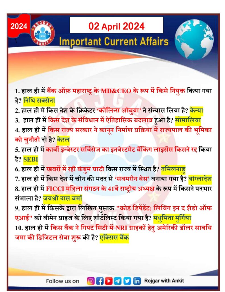 2 April 2024 Current Affairs Rojgar With Ankit 4