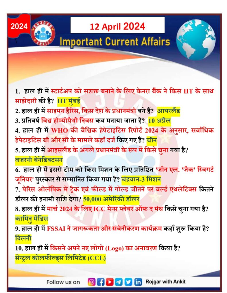 12 April 2024 Current Affairs Rojgar With Ankit 15