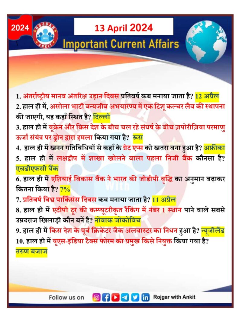 13 April 2024 Current Affairs Rojgar With Ankit 14
