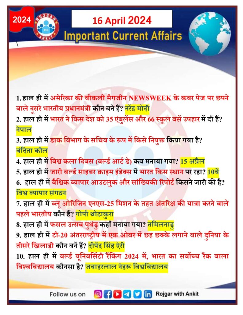 16 April 2024 Current Affairs Rojgar With Ankit 12