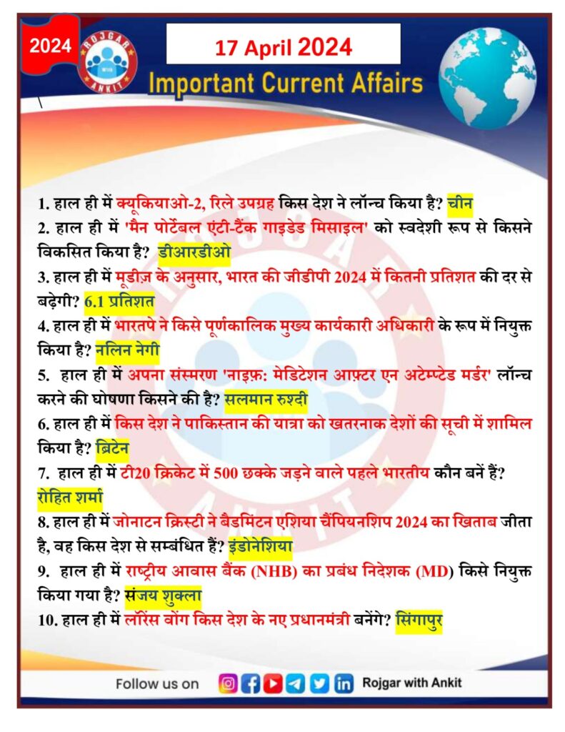 17 April 2024 Current Affairs Rojgar With Ankit 11