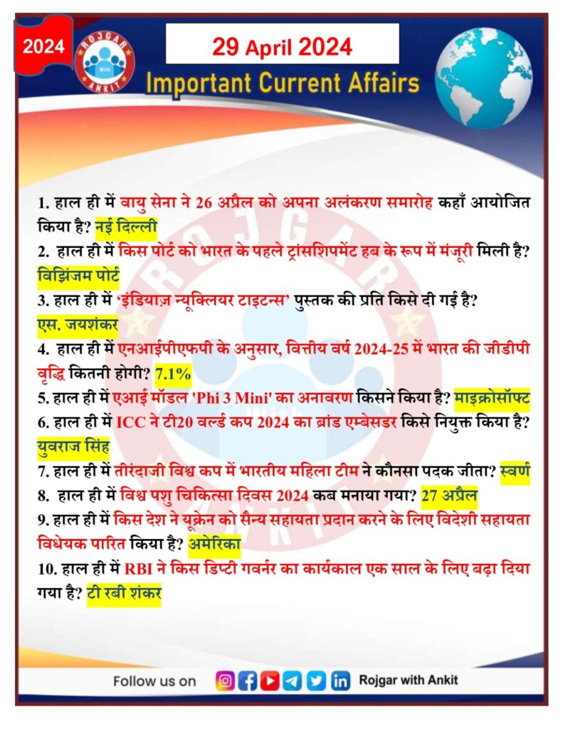 29 April 2024 Current Affairs Rojgar With Ankit 1