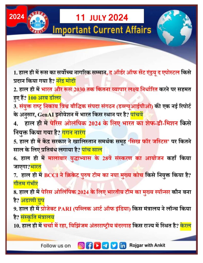 11 July Current Affairs Rojgar With Ankit 2024 16