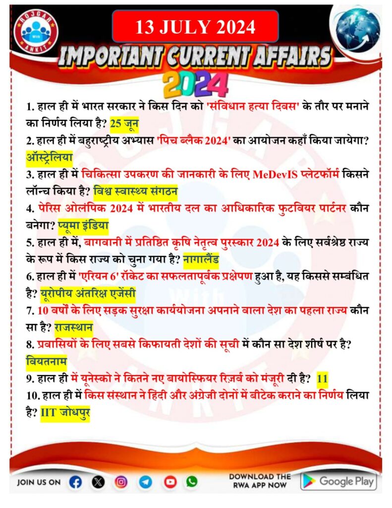 13 July Current Affairs Rojgar With Ankit 2024 1