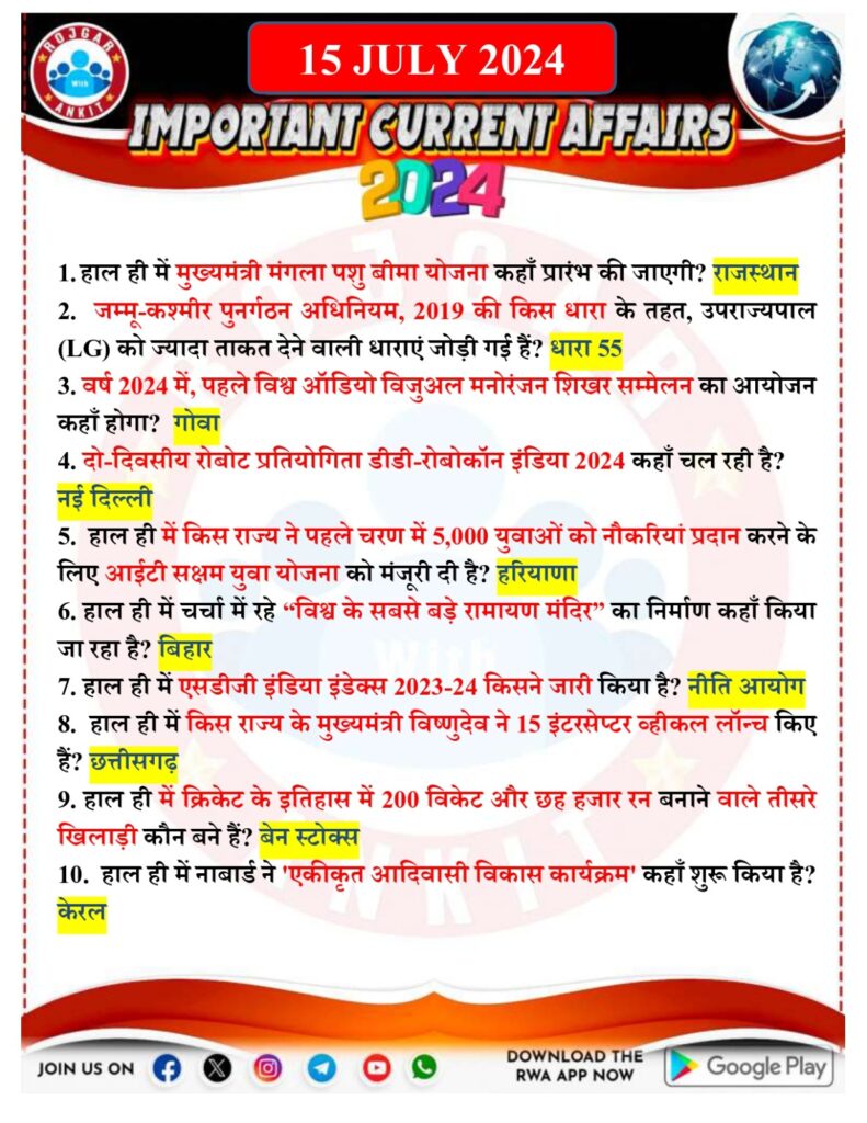 15 July Current Affairs Rojgar With Ankit 2024 1