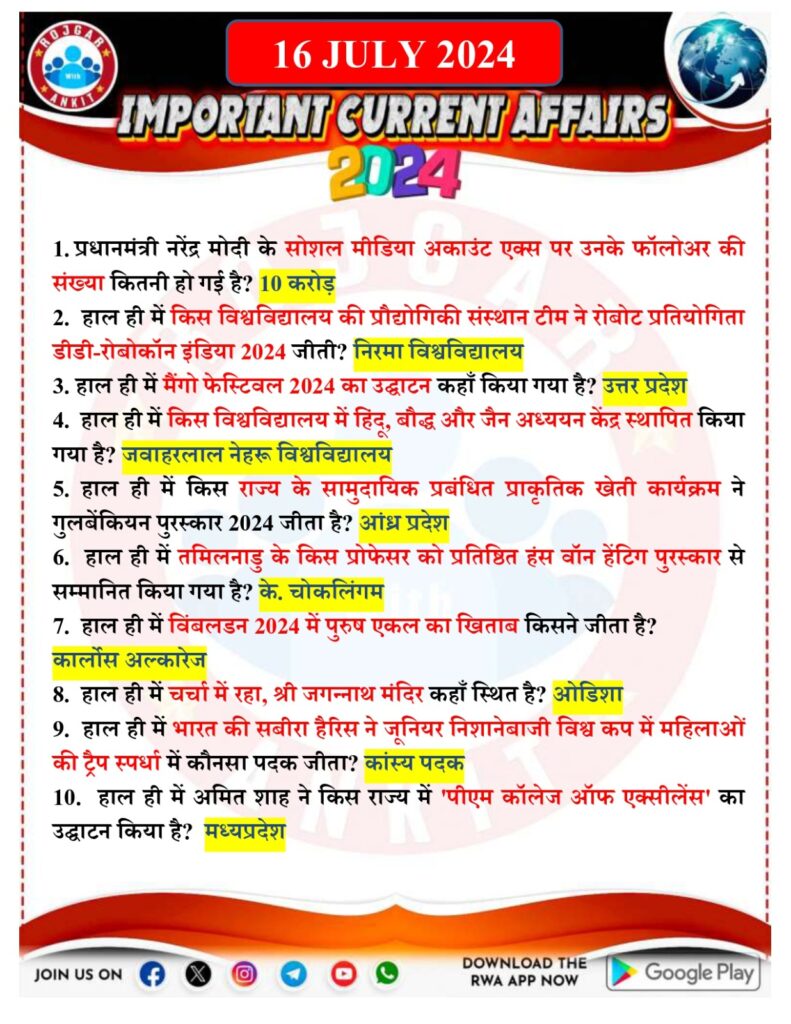 16 July Current Affairs Rojgar With Ankit 2024 1