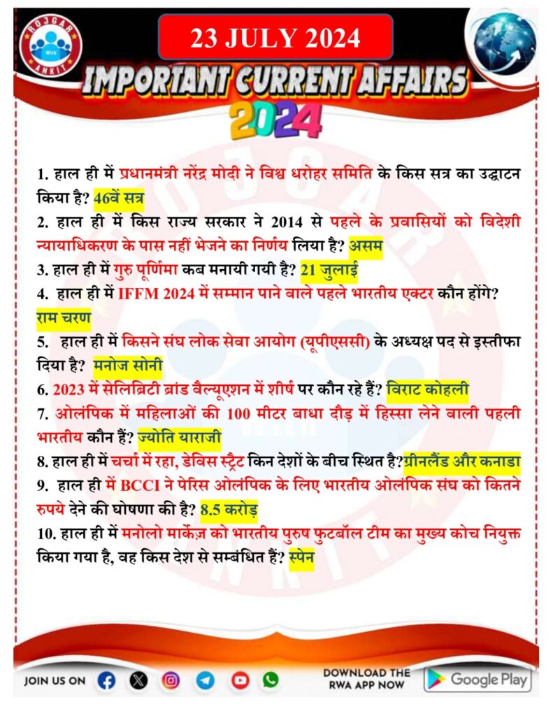 23 July Current Affairs Rojgar With Ankit 2024 1