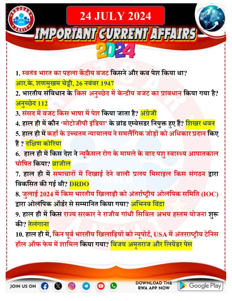 24 July Current Affairs Rojgar With Ankit 2024 1
