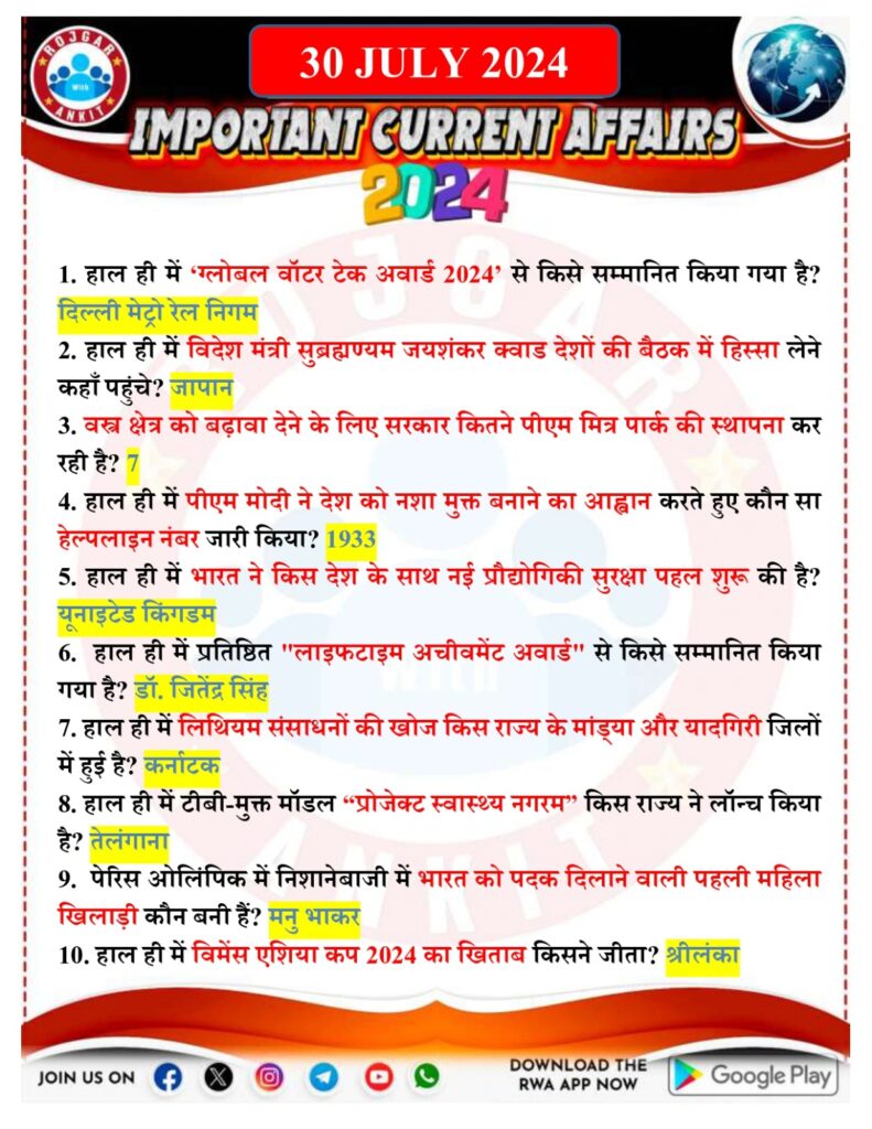 30 July Current Affairs Rojgar With Ankit 2024 1