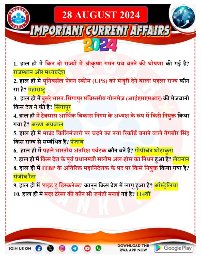 28 August Current Affairs Rojgar With Ankit 2024 1