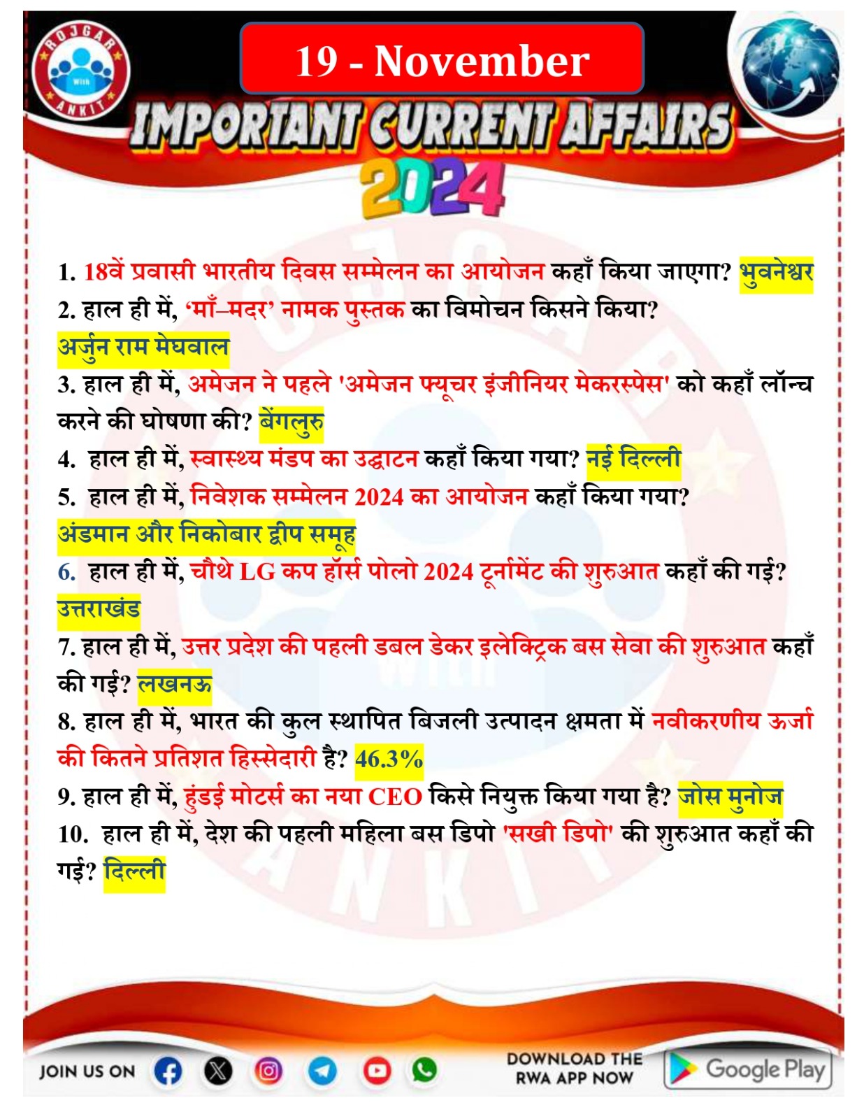 19 November Current Affairs Rojgar With Ankit 2024 - Rojgar With Ankit