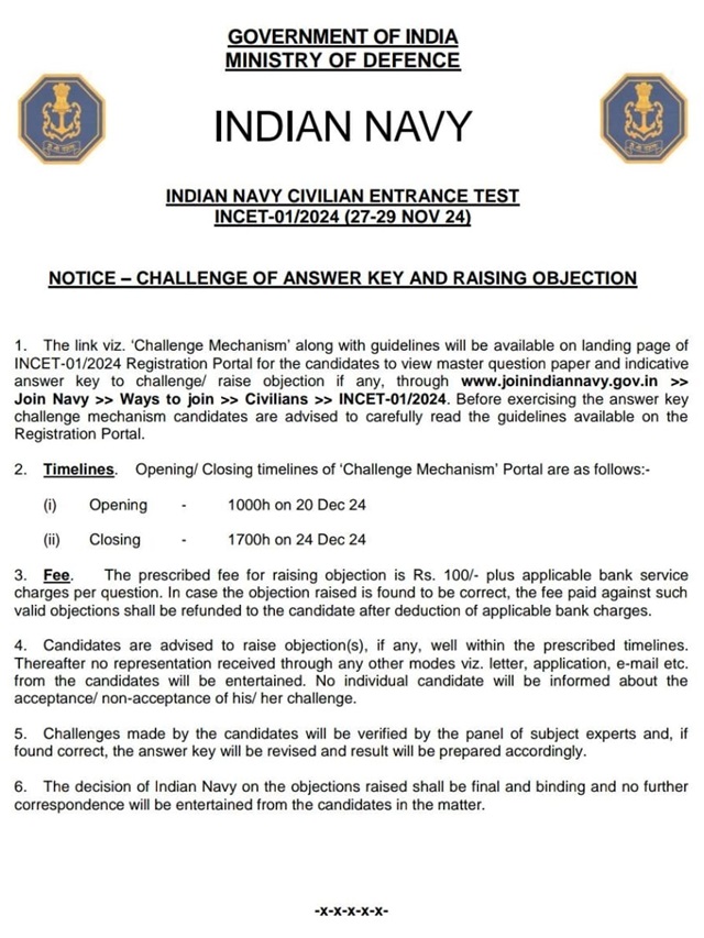 Indian Navy Civilian Recruitment INCET 01/2024 Answer Key Notice
