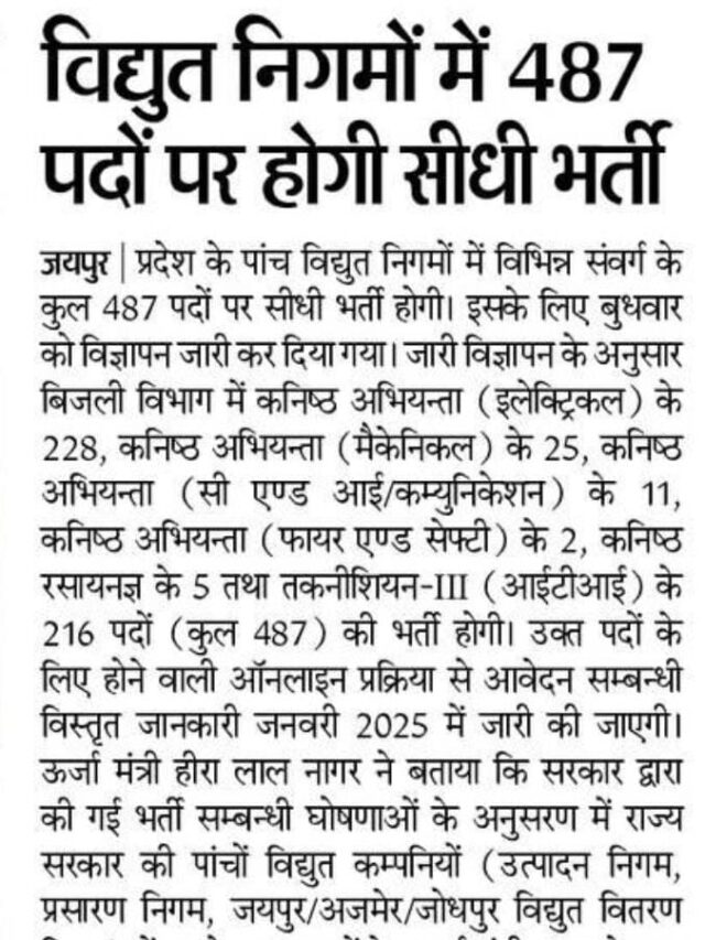 Vidhyut Nigam Mein 487 Posts Par Hogi Seedhe Bharti.