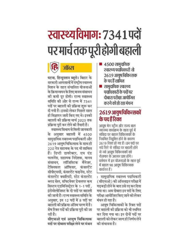 Swasthya Vibhag : 7341 Pado Par March Tak Hogi Puri Bahali.