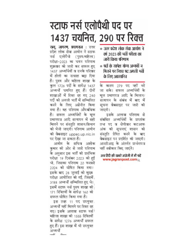 Staff Nurse Allopathy Pad Par 1437 Selected, 290 Pad Khaali.