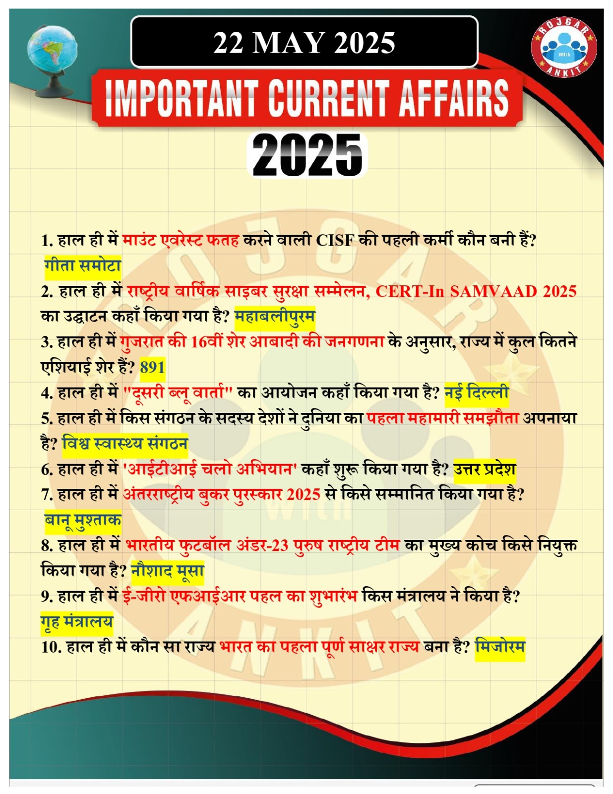 22 May Current Affairs Rojgar With Ankit 2025