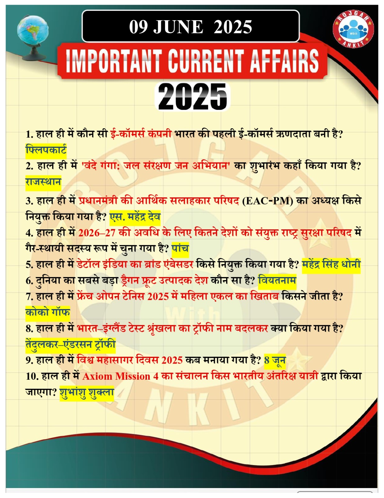 09 June Current Affairs Rojgar With Ankit 2025