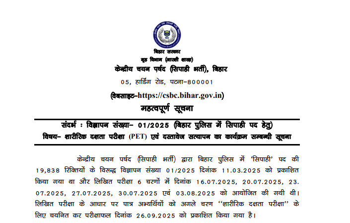 Bihar Police Constable 01/2025 Pet Admit Card Out 1