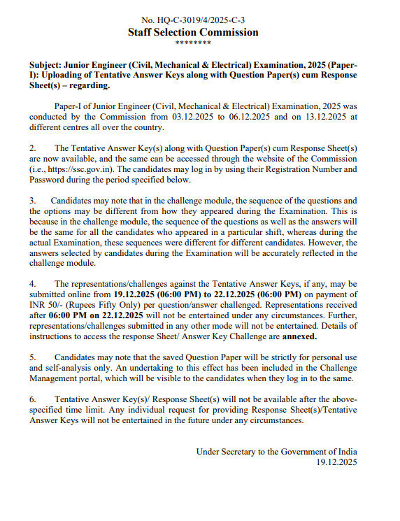Ssc Je Tier 1 Answer Key 2025 Out