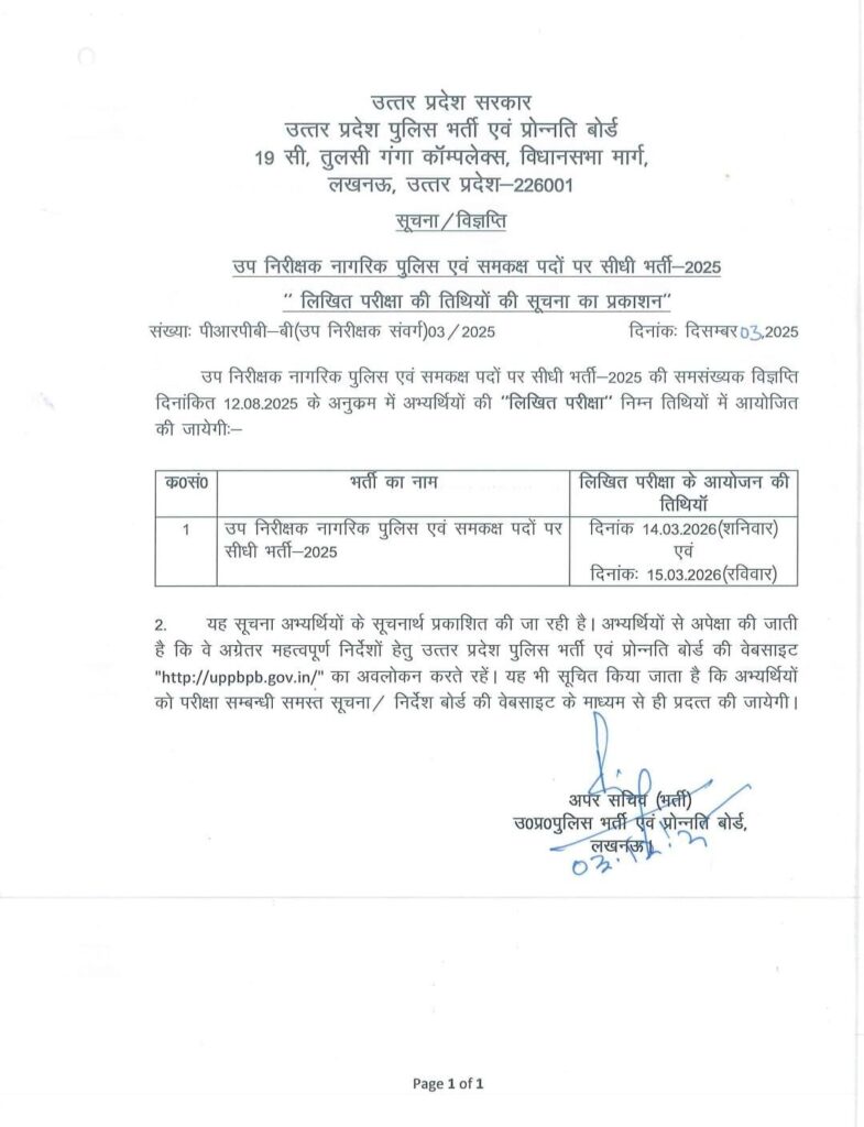 Up Si Exam Date 2025 Out