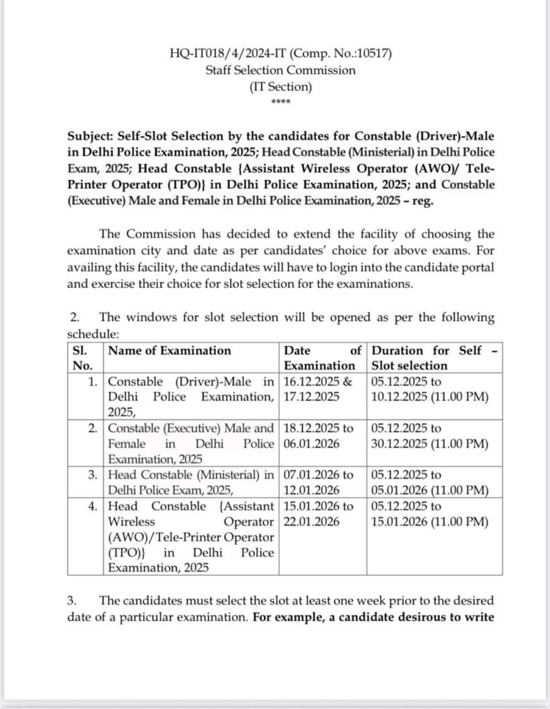 Delhi Police Self Slot Selection Notice