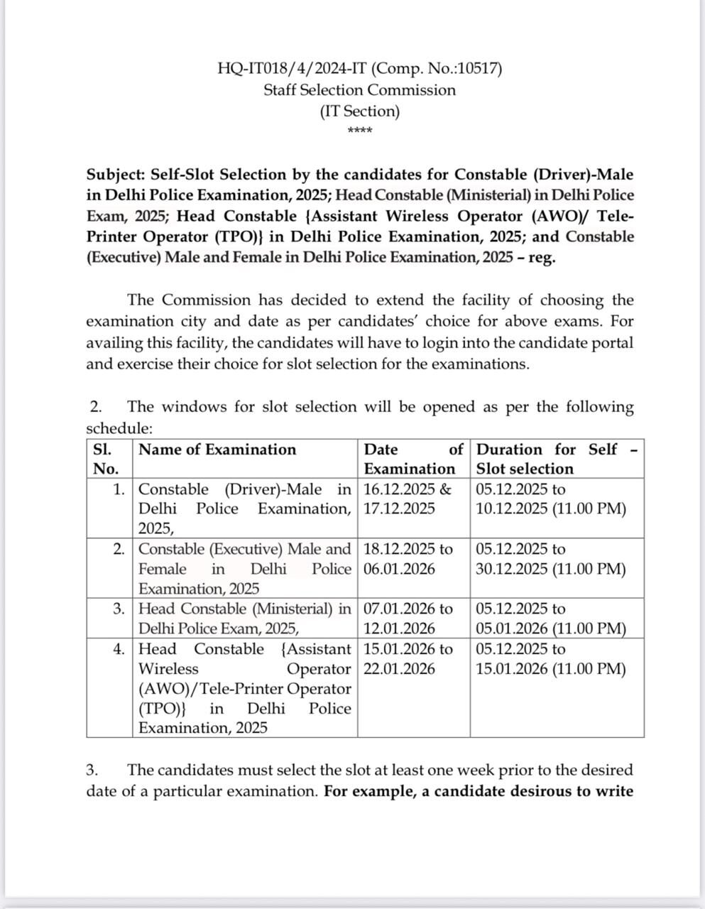 Delhi Police Constable Driver City Intimation Out 3 Delhi Police Self Slot Selection Notice