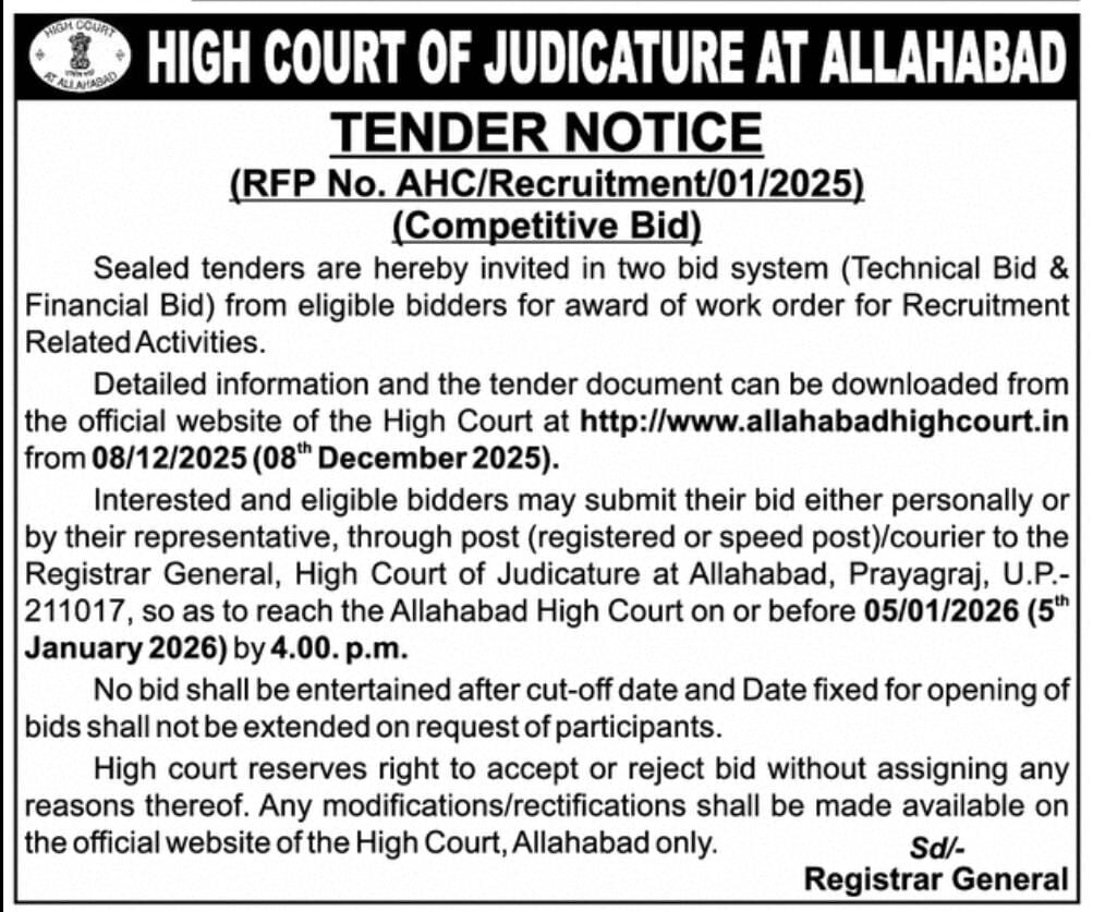 Allahabad High Court New Vacancy 2025–26 3 Allahabad High Court Tender Notice