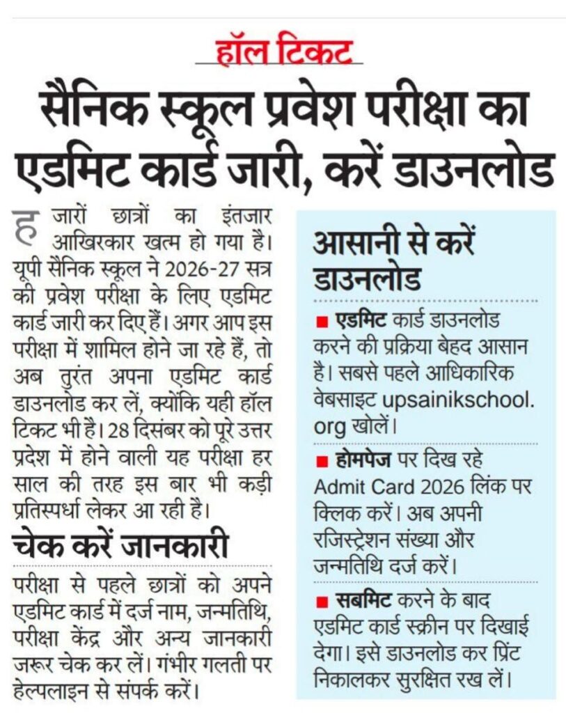 Sainik School Admit Card 2025