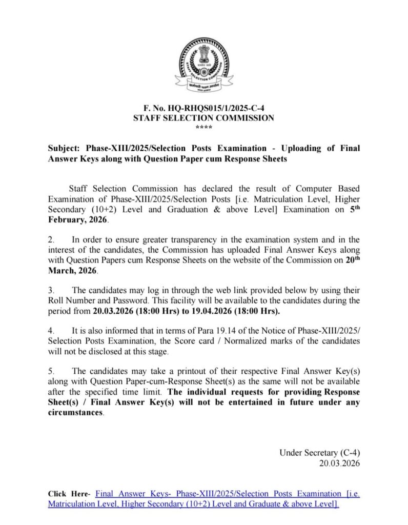 Ssc Post Phase 13 Final Answer Key 2026 Out, Check Your Final Score !! 3 Ssc Phase 13