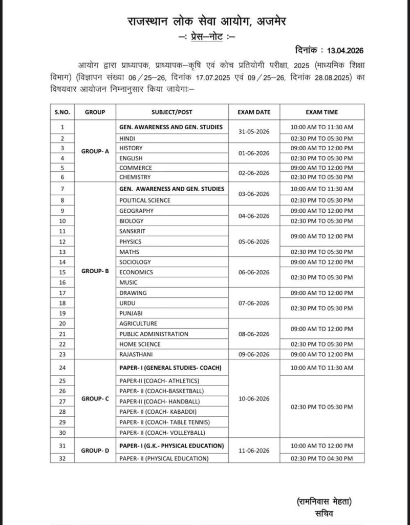 Rpsc 1St Grade Exam Schedule 2025 Out, Check Exam Schedule Now !! 3 Rpsc
