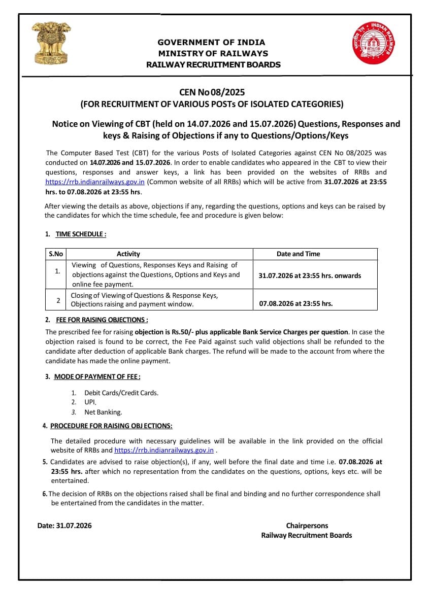 Rrb Ministerial &Amp; Isolated Category Answer Key 2026 Out : Check Your Score Now !! 3 Rrb Isolated Category Answer Key