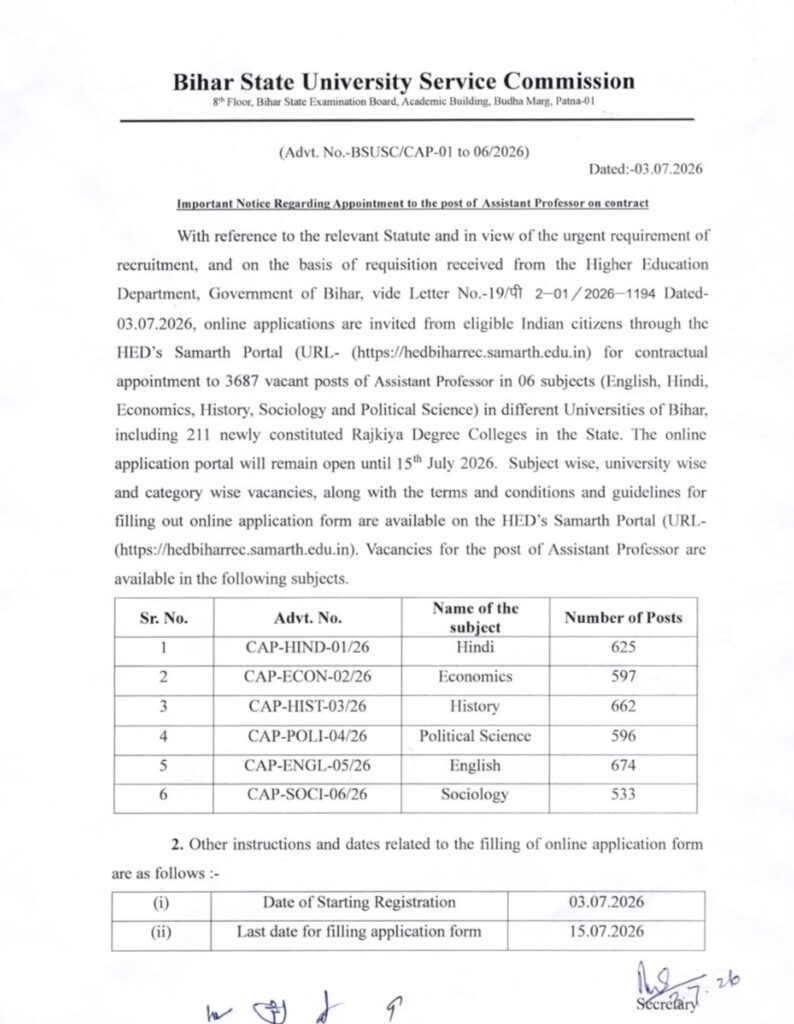 Bsusc Bihar Assistant Professor Recruitment 2026 : Apply For 3687 Posts !! 3 Bsuse