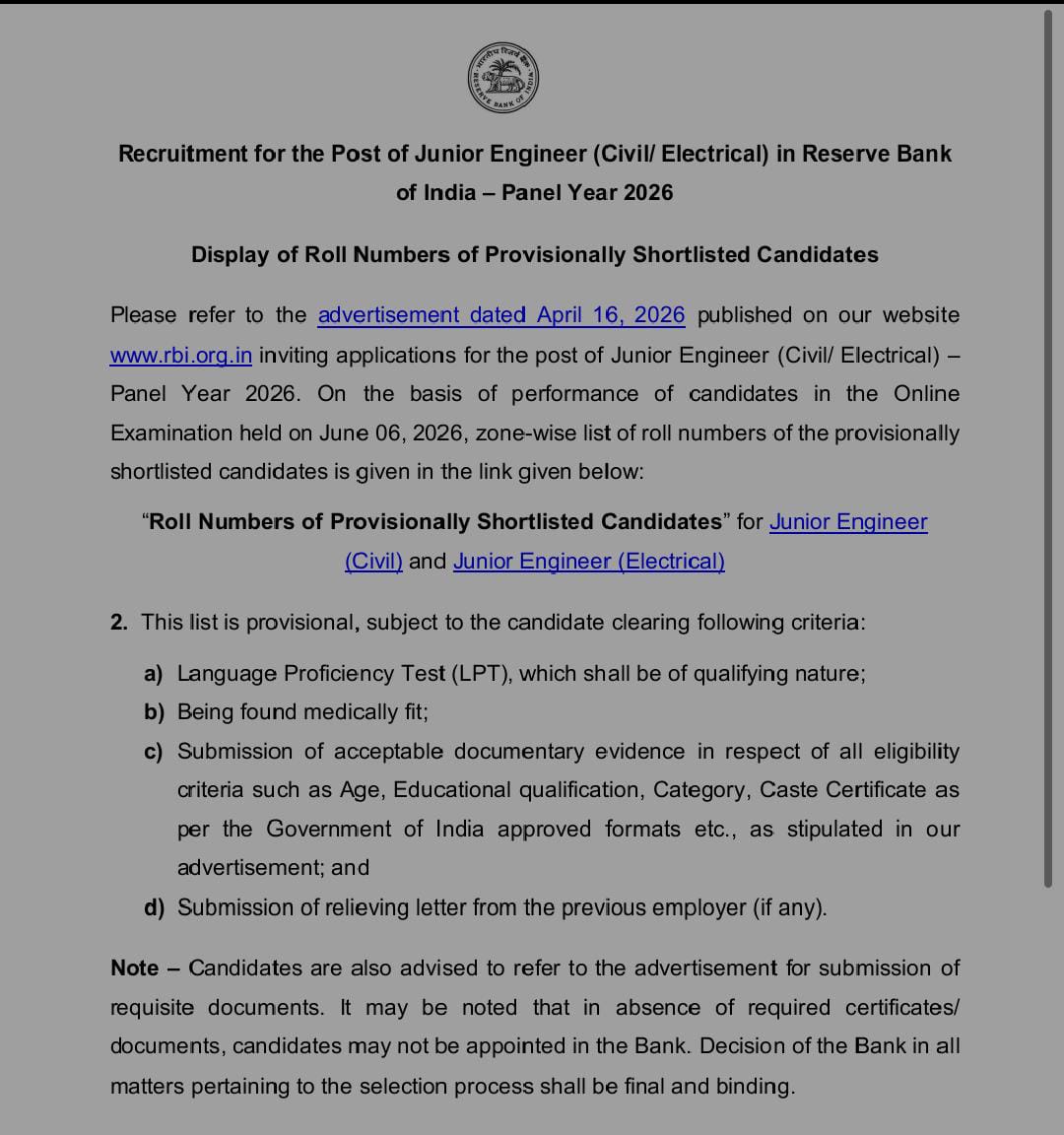 Rbi Junior Engineer Result 2026 Out: Check Now!! 3 Rbi Je
