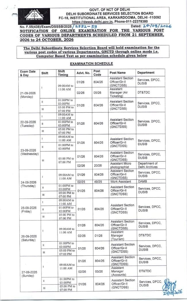 Dsssb Various Posts Exam Schedule