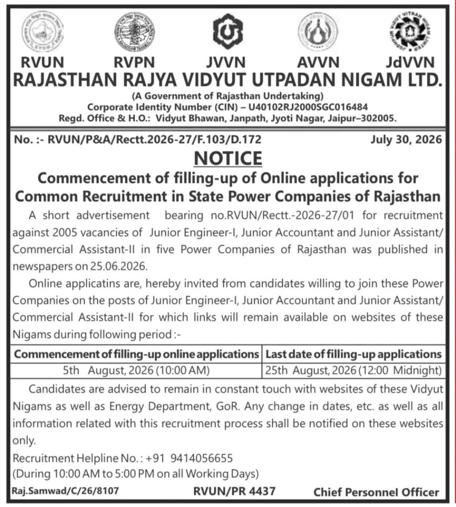 Rvunl Recruitment 2026 : Official Short Notice Out, Apply For 2005 Posts !! 3 Rajasthan
