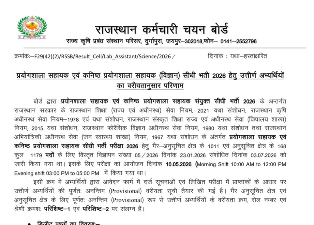 Rssb Lab Assistant Result 2026 Out : Download Result Pdf Now !! 3 Rssb
