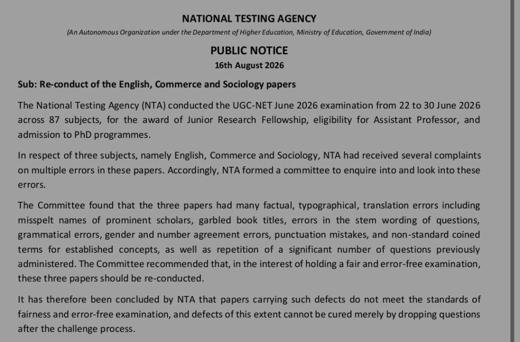 Ugc Net June 2026 Re-Exam Notice Out, Check New Schedule Now!! 3 Ugc Net June 2026 Re-Exam