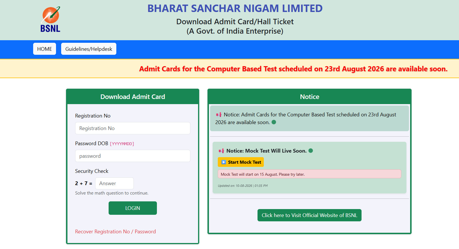 Bsnl Junior Telecom Officer Admit Card 2026 Out : Download Now !! 3 Bsnl Junior Telecom Officer